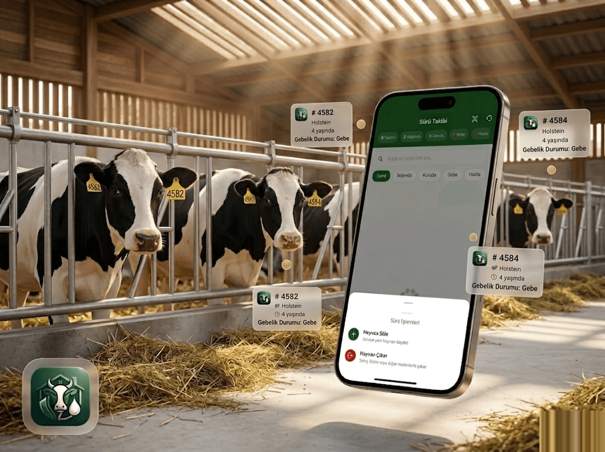 Sürü takibi — modern Türk çiftliği, küpe numaralı Holstein inekleri